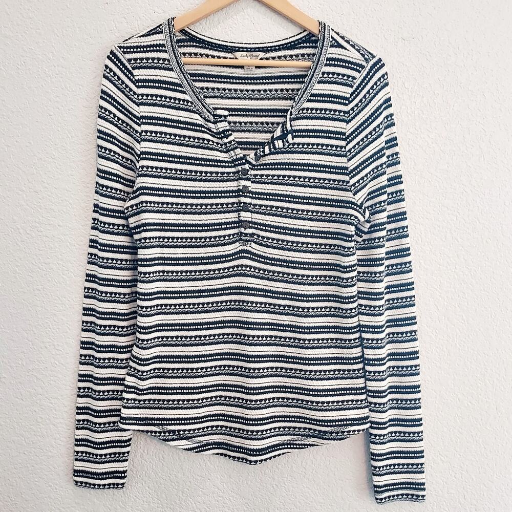 Lucky Brand Black & White Striped Waffle Knit Long Sleeve Tee Size L